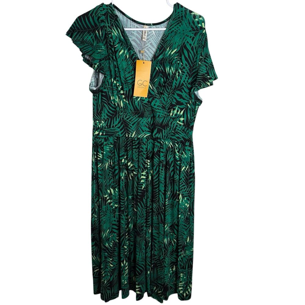 Grecerelle Dress Leaf Print Midi Womens XL Rayon Spandex Blend Ruffle Sleeve NWT